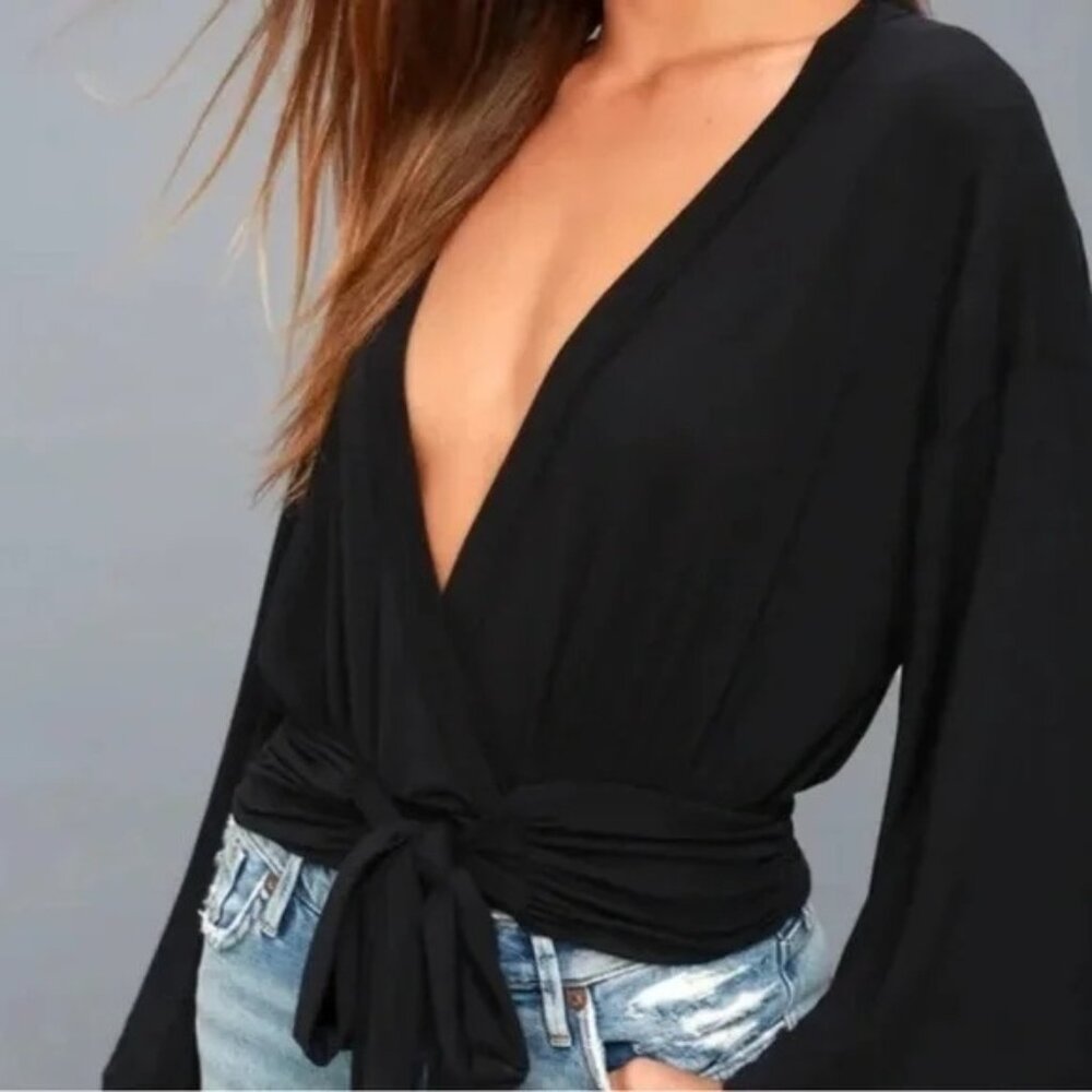 Free People Black Wrap Top With Tie Waist & Bell Sleeves Womens Size XS